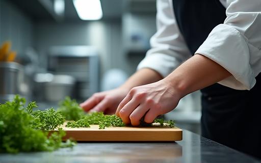 Ein Koch in einer professionellen Restaurantküche, der frische Kräuter zubereitet.