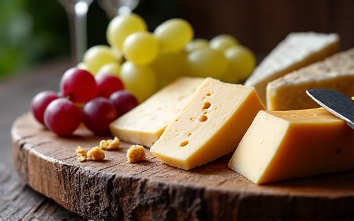 Handwerklich hergestellter Gourmet-Käse auf einem Holzbrett.