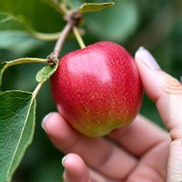 Eine Hand, die sorgfältig einen Apfel von einem Baum pflückt.